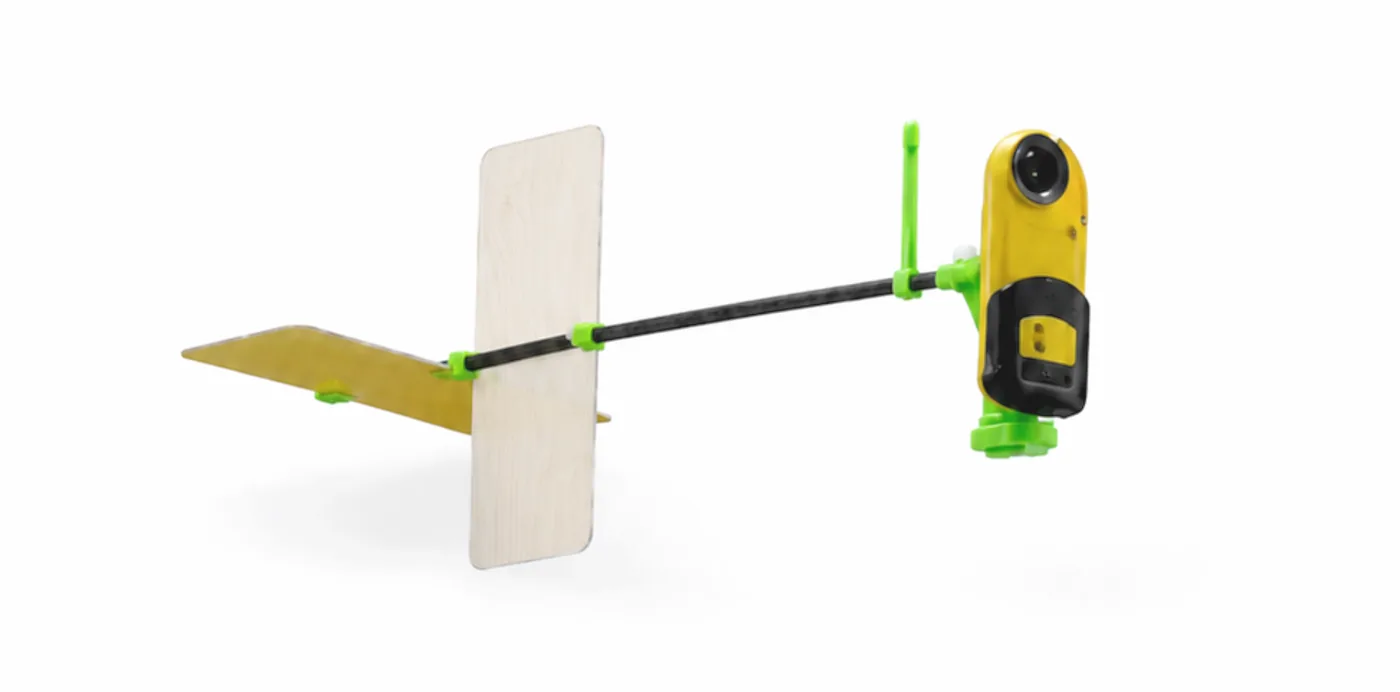 Aeropod Profiler: carbon boom with plywood fins and a yellow Kestrel 5500 weather meter